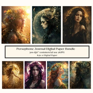 Könnte beinhalten: Ein digitales Papierpaket mit sechs Bildern von Frauen mit Blumenkränzen und himmlischen Elementen. Die Bilder sind in einem weichen, ätherischen Stil gehalten und konzentrieren sich auf Natur und Fantasie. Der Text "Persephone Journal Digital Paper Bundle" wird am unteren Rand des Bildes angezeigt.