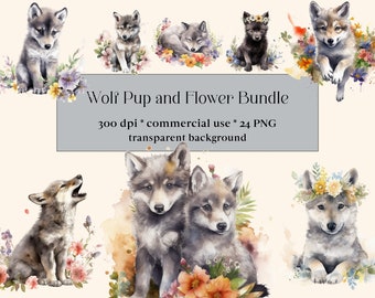 May include: Watercolor illustrations of wolf pups with floral accents. The image features various poses of the pups, some with flower crowns, surrounded by colorful flowers. Text reads "Wolf Pup and Flower Bundle" and details about the image.