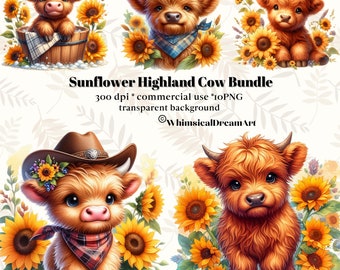 10 acuarela girasol Highland vacas colección clipart, primavera vaca de las tierras altas PNG, vaca de las tierras altas del bebé, animales bebés, arte de la vaca, uso comercial