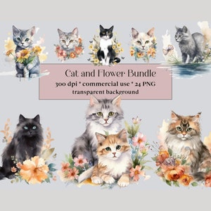 24 kat, kitten en bloemen clipart, aquarel Cat Pack, digitale planner, junk Journal, aquarel, kunst aan de muur, commercieel gebruik PNGs, baby kat