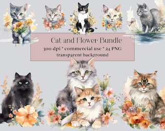 24 Katze, Kätzchen und Blumen Clipart, Aquarell Katze Pack, digitaler Planer, Junk Journal, Aquarell, Wandkunst, kommerzielle Nutzung PNGs, Baby Katze