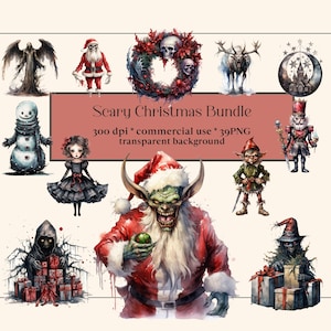 May include: A digital illustration bundle of 39 scary Christmas characters. The characters include a snowman, a grim reaper, a Santa Claus, a Christmas wreath, a reindeer, a nutcracker, a girl in a black dress, a goblin, and a creature with a witch's hat. The characters are all in a watercolor style and have a spooky, whimsical feel.