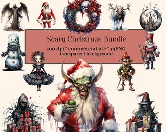 39 Watercolor Scary Christmas Clipart, Gothic Creepy Bundle, Spooky Dark Christmas Illustrations, Winter Holiday png, Xmas Noel Sublimation