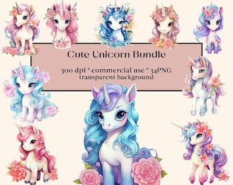 May include: A set of eight cute cartoon unicorn illustrations with floral accents. The unicorns are in various poses and have different colored manes and tails. The text "Cute Unicorn Bundle" is displayed in the center of the image.