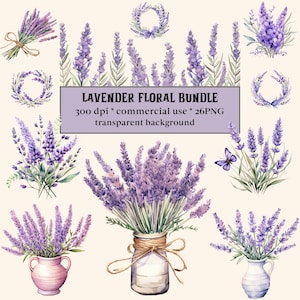 26 Watercolor Lavender Flower Clipart, Provence floral wedding PNG format instant download for commercial use, Purple Bouquets, Wreaths