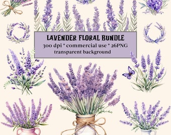 26 Watercolor Lavender Flower Clipart, Provence floral wedding PNG format instant download for commercial use, Purple Bouquets, Wreaths