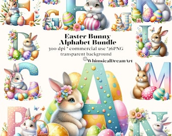Easter Bunny Clipart Decorative Letters, Uppercase Alphabet Set, Clipart Png Sublimation Personalization Cards Art Mugs Kids Invitations