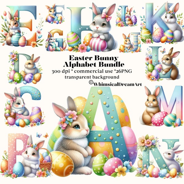 Easter Bunny Clipart Decorative Letters, Uppercase Alphabet Set, Clipart Png Sublimation Personalization Cards Art Mugs Kids Invitations