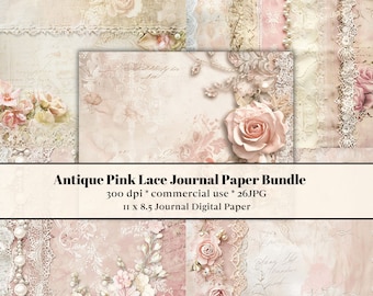Antique Pink Lace Flower Journal Paper, Shabby Chic Ephemera (Digital Download)