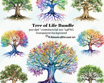 May include: A set of 8 digital watercolor illustrations of trees. The trees are in various styles, including a traditional green tree, a rainbow tree, and a tree with a colorful root system. The text "Tree of Life Bundle" is at the top of the image. The text "300 dpi * commercial use * 24PNG transparent background" is below the title. The text "@WhimsicalDreamArt" is at the bottom of the image.