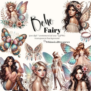 24 aquarel boho fairy clipart, mooie feeën bundel, aquarel feeën png, westerse feeën magie, magische sprookjesillustraties