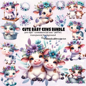 36 Linda colección PNG de vaca y flor, vivero de vacas lecheras, arte de pared de vaca dulce, arte de pared de vivero, animales bebés, imágenes prediseñadas de acuarela, púrpura
