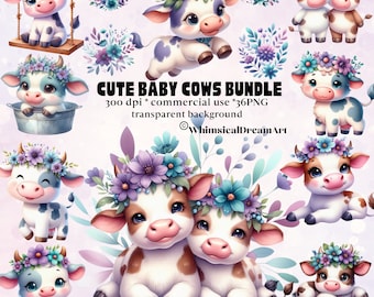 May include: A digital clipart bundle of 10 cute baby cows with floral crowns. The cows are in various poses, including sitting, standing, and lying down. The background is transparent.