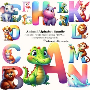 Letras decorativas de imágenes prediseñadas del alfabeto animal, imágenes prediseñadas del alfabeto, imágenes prediseñadas de letras, garabatos de vida silvestre, uso comercial, de la A a la Z, animales del bosque, PNG