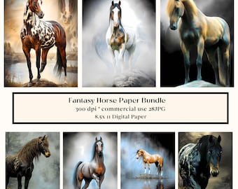 Può includere: Un pacchetto di carta digitale con sei illustrazioni di cavalli fantastici. I cavalli sono raffigurati in varie pose e colori, tra cui marrone, bianco e nero. Le immagini sono ambientate su uno sfondo di paesaggi nebbiosi e acqua.