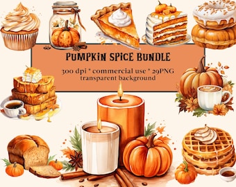 May include: A watercolor illustration set of pumpkin spice themed items, including candles, a pumpkin pie, a pumpkin, a cake, a cupcake, a waffle, a loaf of bread, and a cup of coffee. The set is perfect for fall and autumn themed projects.