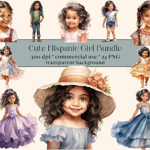 24 PNG niedliche Hispanic Mädchen Aquarell Bundle, kleine Latina Mädchen PNG Clipart, Vintage Kinder, Zopf, Prinzessin Kleider, spielendes Kind, glücklich