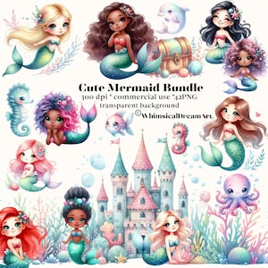 42 cliparts aquarelle sirène mignonne, dauphin, clipart aquarelle sirène mignonne png, animaux marins mignons PNG, méduse, hippocampe, château