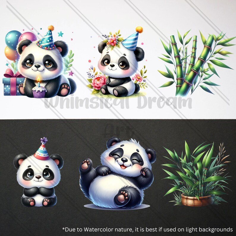 May include: A collection of watercolor illustrations featuring adorable panda bears. The pandas are depicted in various poses, some wearing party hats and surrounded by balloons, gifts, and bamboo. The text "Whimsical Dream" is visible.