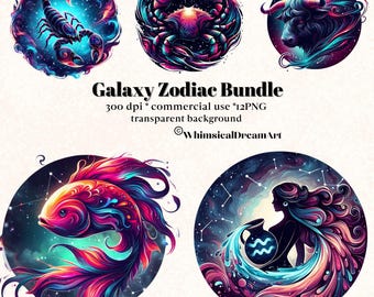 12 PNG  Galaxy Zodiac Signs Clipart Horoscope Clip Art Bundle, Celestial Zodiac Set, Astrology , horoscope, Fantasy, sublimation, zodiac png