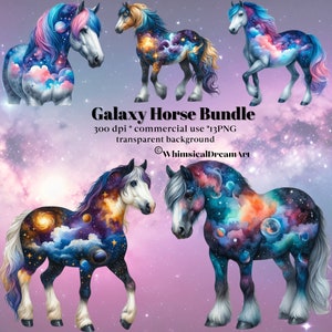 13 akwarelowych galaktycznych koni clipart, kosmiczny kucyk clipart, słodki koń PNG sztuka ścienna, pokój dziecięcy, małe zwierzę, fantasy, pastelowy, niebiański