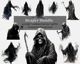 24 imágenes prediseñadas de la criatura de la muerte de la acuarela, imágenes prediseñadas espeluznantes, imágenes digitales, PNG, uso comercial, imágenes prediseñadas de Halloween, segador, miedo, horror