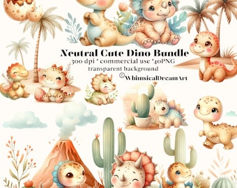 May include: A set of 10 cute cartoon dinosaur illustrations in various poses, including a triceratops, a stegosaurus, and a brachiosaurus. The dinosaurs are drawn in a watercolor style with a neutral color palette. The illustrations are perfect for use in digital scrapbooking, card making, and other creative projects.