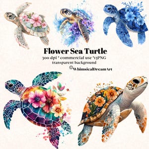 13 aquarel zeeschildpadden collectie clipart, png realistisch, tropische ontwerpen, zeeschildpad bloemen, schattige dierenbundel, commercieel gebruik, oceaan