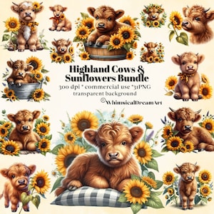 31 Highland Cow and Sunflower PNG Collection, Country Nursery, Sweet Cow Wall Art, Nursery Wall Art, Cute Baby Animals, Watercolor Clipart