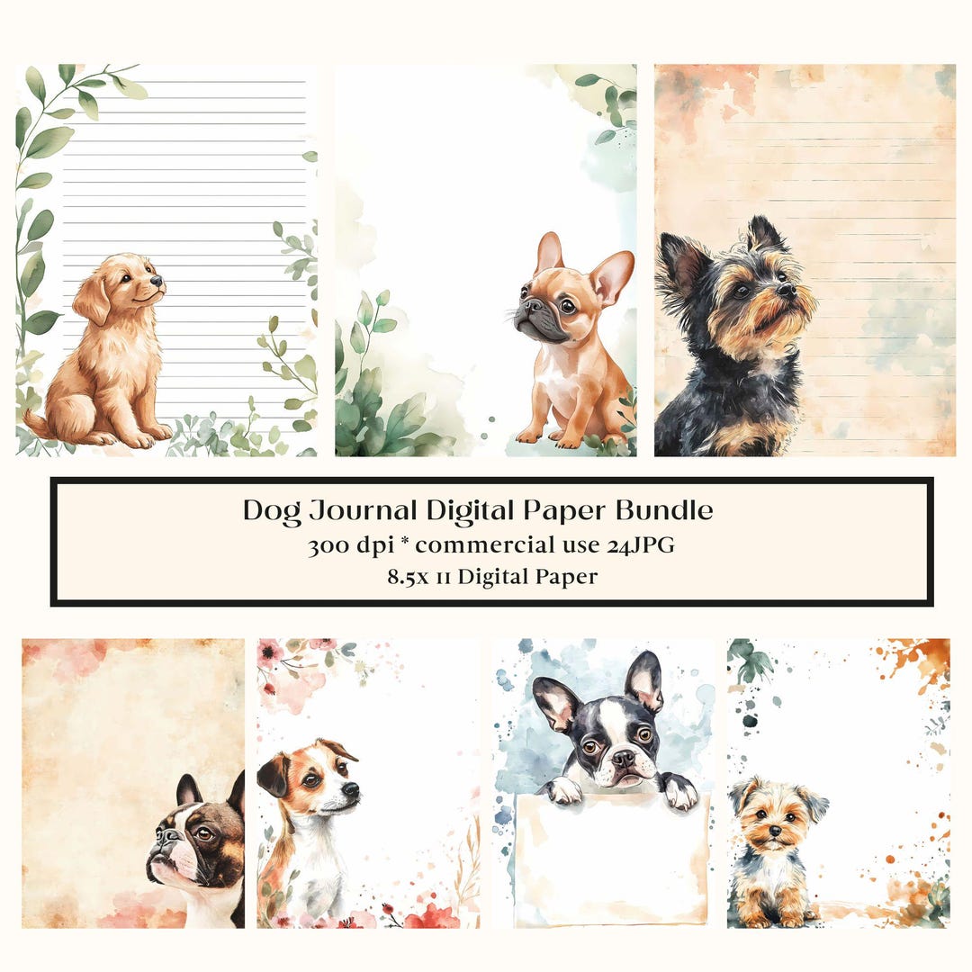 24 Dog Journal Digital Paper, Animal Junk Journal, Scrapbooking Paper ...