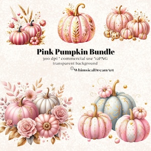 12 imágenes prediseñadas de otoño de acuarela rosa y oro, flores secas, imágenes prediseñadas florales de calabazas, paquete de granja de otoño, decoración rústica PNG vintage de Acción de Gracias