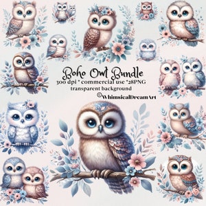 28 Boho Eulen, Eule Clipart, Eule Png, niedliche Blumen Eulen-Bundle, PNG-Datei, transparenter Hintergrund, sofortiger digitaler Download, Junk Journal Kinderzimmer