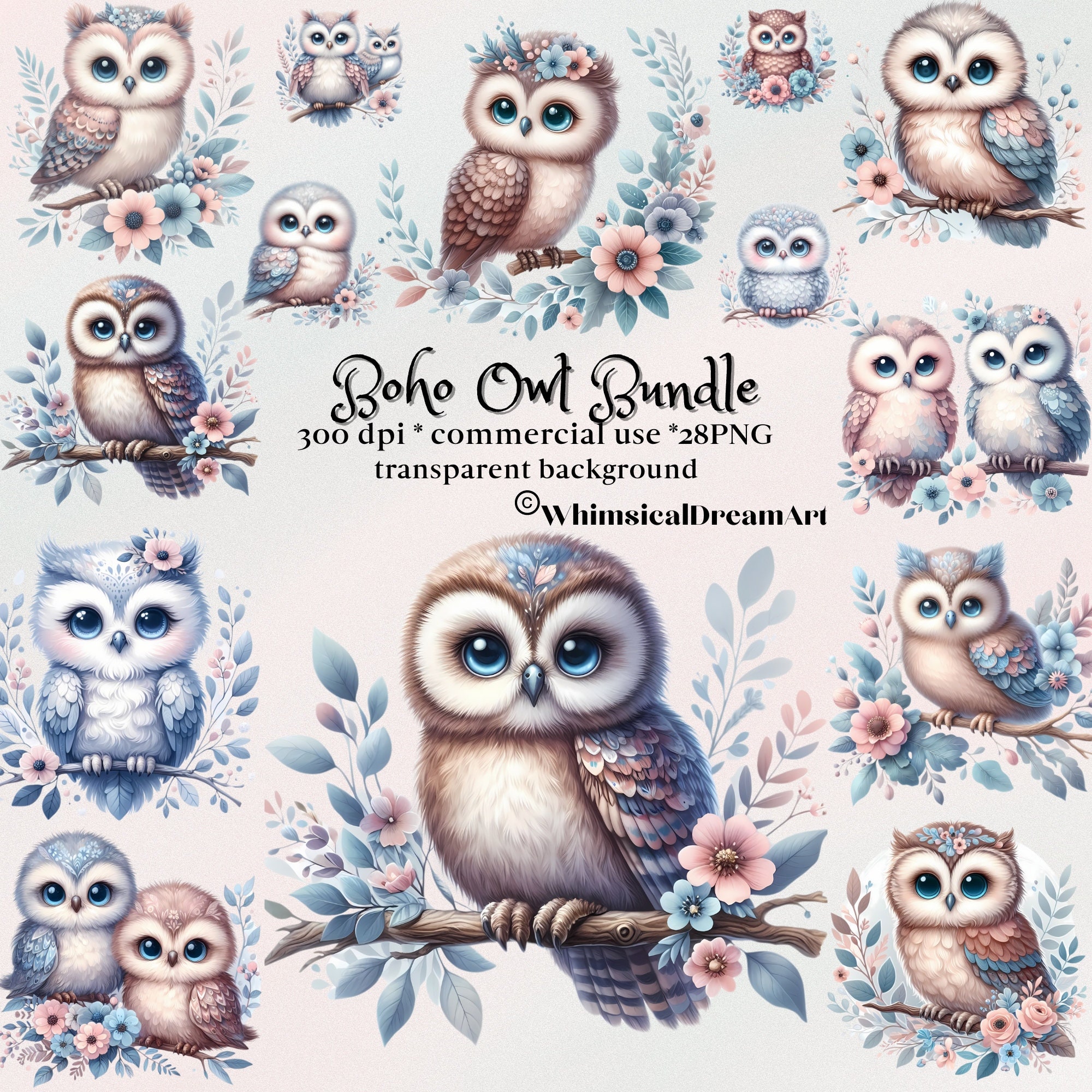 28 Boho Owls, Owl Clipart, Owl Png, Cute Floral Owl Bundle, PNG File, Transparent Background, Instan