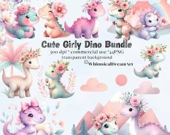 44 Watercolor Girl Dinosaurs Clipart, Girly Dino theme baby party printables, Cute Dinosaur Clip Art, Dino Party, Dino birthday party decor