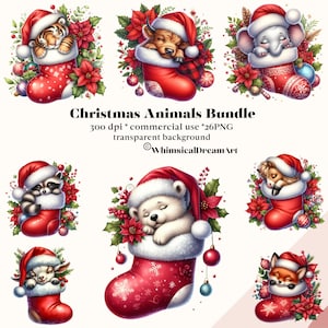26 Weihnachten süße schlafende Tier Clipart Bundle, süße Tiere in den Strümpfen Set, PNG, lustige Baby-Tiere, Weihnachtskarten, Sublimation