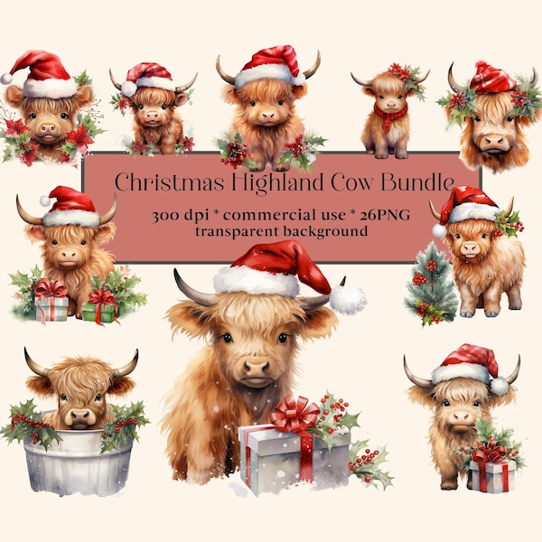 26 Christmas Highland Cow Clipart, Christmas cards, Winter, Holiday, Cute Calf, Present Festive, Digital Download, Print Bundle, Journal Art