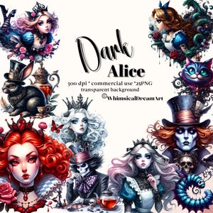 25 PNG aquarelle gothique Alice au pays des merveilles Clipart, Alice au pays des merveilles, conte de fées, images Dark Fantasy, lot de personnages du pays des merveilles