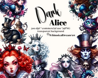25 PNG Watercolour Gothic Alice in Wonderland Clipart, Alice in Wonderland, Fairytale , Dark Fantasy Images, Wonderland Character Bundle