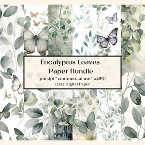24 Eukalyptus Aquarell digitales Papier, abstraktes salbeigrün grün Hochzeit Scrapbook Papier, Schmetterlinge, Baby Shower Hintergrund JPG