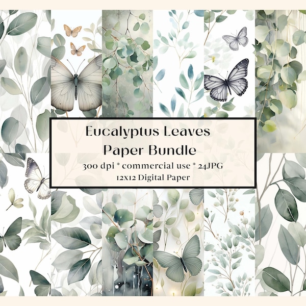 24 Papier numérique aquarelle Eucalyptus, papier scrapbook de mariage vert sauge abstrait, Papillons, Baby Shower Background JPG