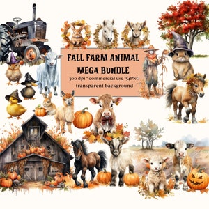 52 Watercolor Fall Farm Animal Clipart - cute chickens, horses, cows, goats, sheep, Baby Farm Animals PNG Bundle ,commercial use, Halloween