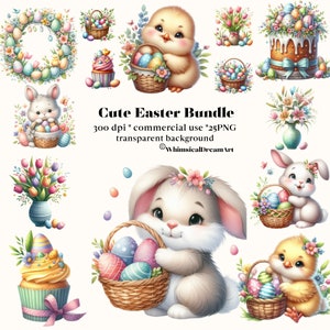 25 Aquarell niedliche Ostern Clipart Bündel, Frühling Clipart, Osterhase, Osterei, Osterkorb PNG, Frohe Ostern png, Tulpe, Lilie, Süßigkeiten