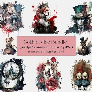 42 PNG Aquarelle Gothique Alice au Pays des Merveilles Clipart, Alice au Pays des Merveilles, Conte de Fées, Dark Fantasy Images, Wonderland Character Bundle