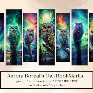 20 Aurora Borealis Eule Lesezeichen Designs, bedruckbar, digitaler Download, Sublimieren, drucken und schneiden, Lesezeichen Bündel, Feenwald, magisch,