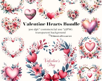 May include: A set of 27 watercolor heart wreaths and hearts with floral details. The hearts are in shades of pink, red, and purple. The wreaths are decorated with leaves, berries, and small hearts. The text "Valentine's Day" is written in a decorative font on one of the wreaths.