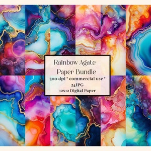 Peut inclure: Un pack de papier numérique avec 24 motifs abstraits vibrants présentant des motifs tourbillonnants de rose, violet, bleu, orange et jaune avec des accents dorés. Le texte "Rainbow Agate Paper Bundle 300 dpi * commercial use * 24 JPG 12x12 Digital Paper" est affiché sur l'image.