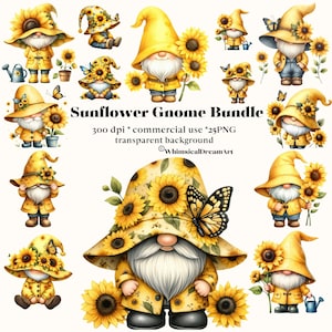 25 gnomes tournesol PNG Bundle Collection, téléchargement de sublimation de nain de jardinage, bourdon, gnomes de fleurs, usage commercial, floral fantastique