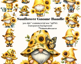 25 Colección de paquetes PNG de gnomos de girasol, descarga de sublimación de gnomos de jardinería, abejorro, gnomos de flores, uso comercial, fantasía floral