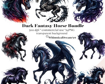 24 Watercolor Gothic Horse Clipart, Whimsical Unicorn Bundle, Watercolour PNG, Dark Fantasy Magic, Magical Fairytale Illustrations, Unique