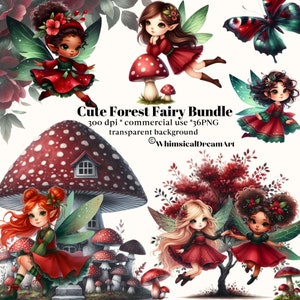 36 süße Waldfee Aquarell Clipart, Pilz PNG Clipart, Blumenmuster, Weihnachten PNG, Feenhaus, Schöne Feen, Elfen, Magie